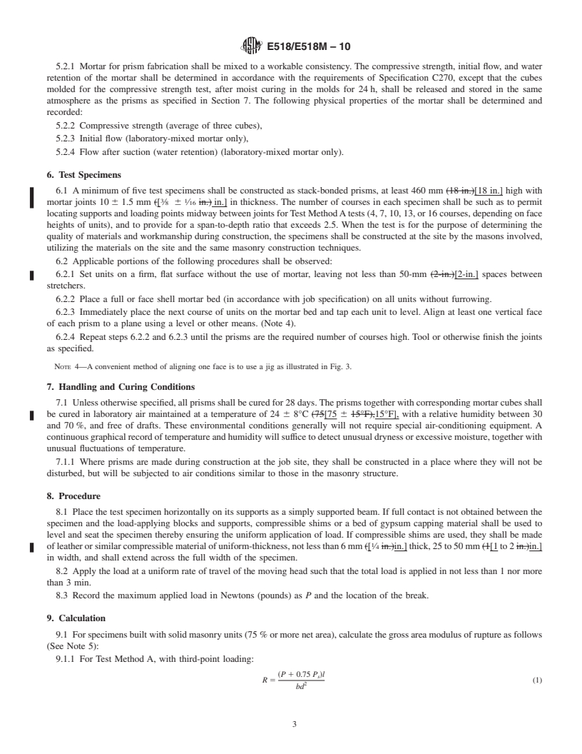 REDLINE ASTM E518/E518M-10 - Standard Test Methods for Flexural Bond Strength of Masonry