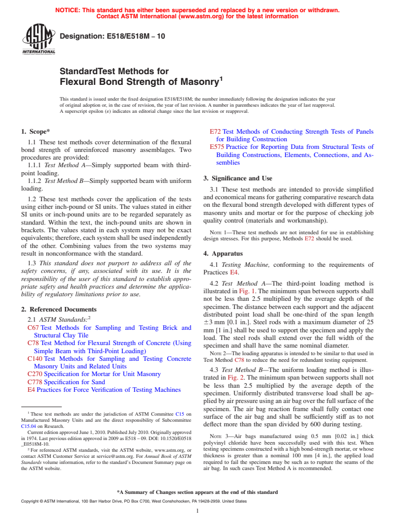 ASTM E518/E518M-10 - Standard Test Methods for Flexural Bond Strength of Masonry