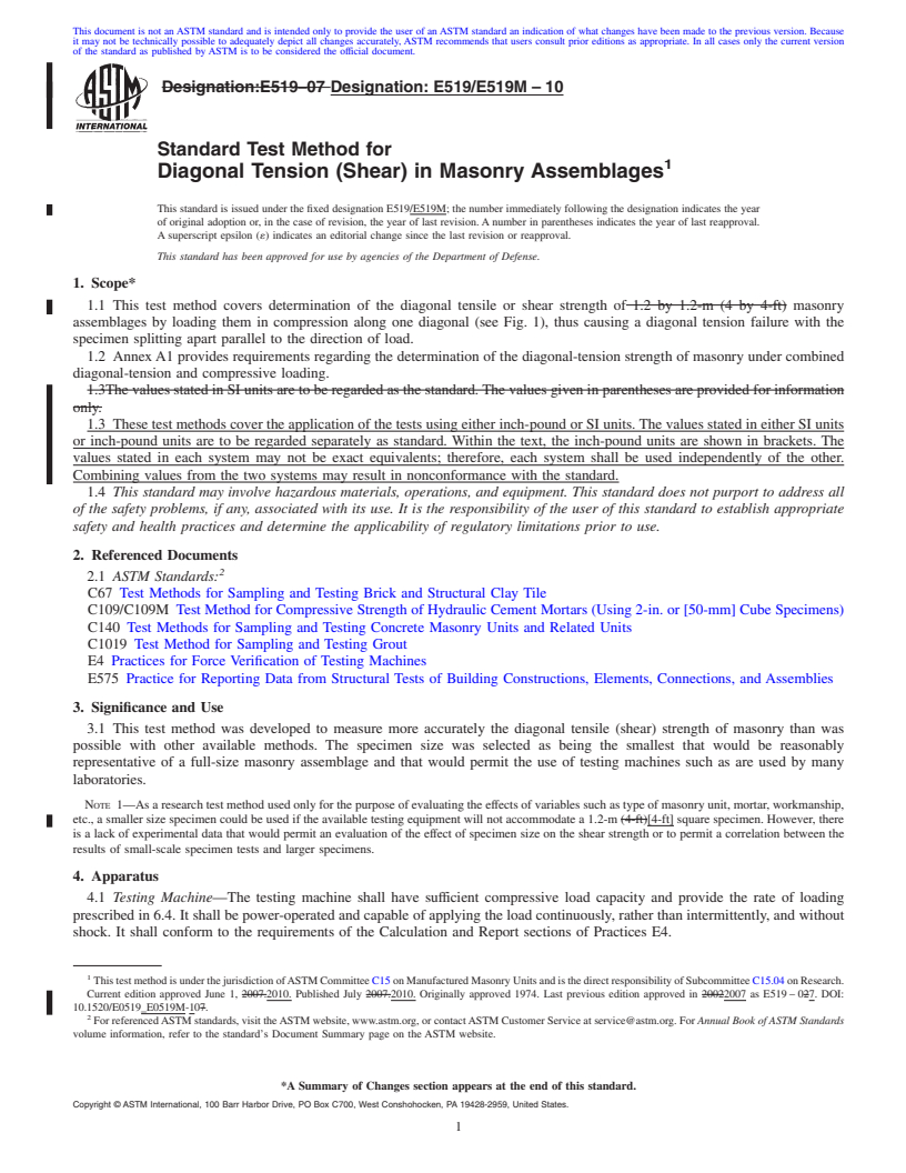 REDLINE ASTM E519/E519M-10 - Standard Test Method for Diagonal Tension (Shear) in Masonry Assemblages