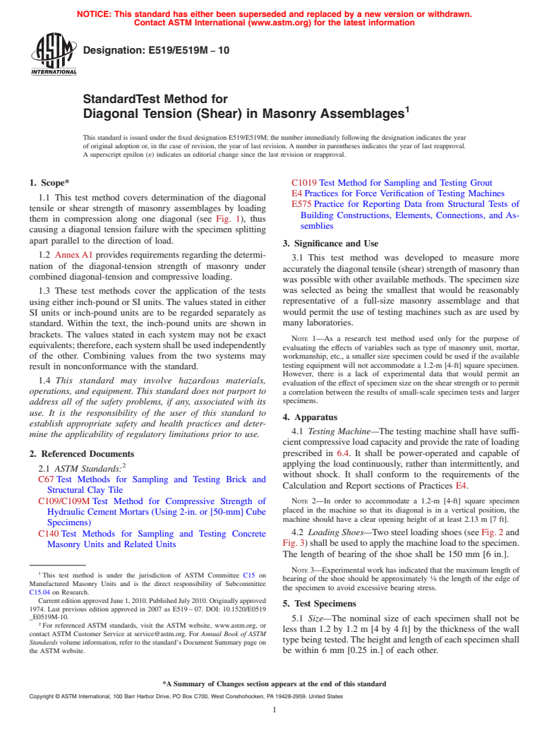 ASTM E519/E519M-10 - Standard Test Method for Diagonal Tension (Shear) in Masonry Assemblages