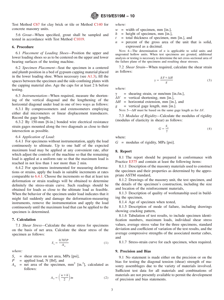 ASTM E519/E519M-10 - Standard Test Method for Diagonal Tension (Shear) in Masonry Assemblages