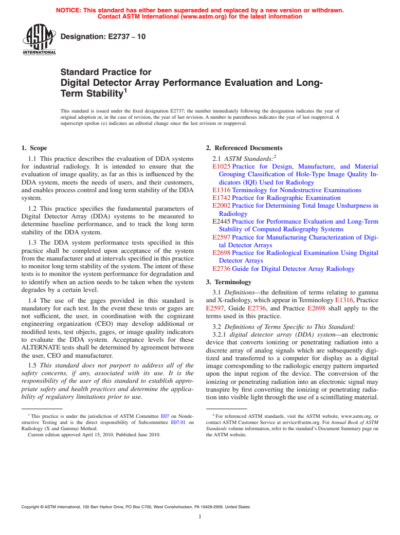 ASTM E2737-10 - Standard Practice for Digital Detector Array Performance Evaluation and Long-Term Stability