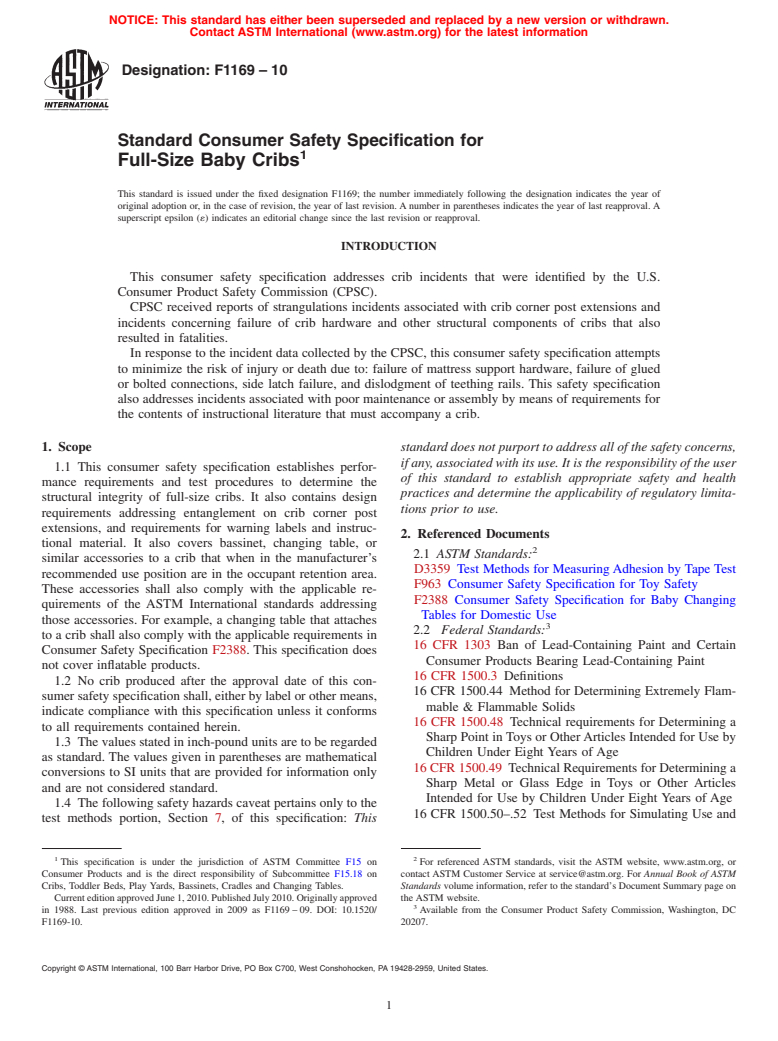 ASTM F1169-10 - Standard Consumer Safety Specification for Full-Size Baby Cribs