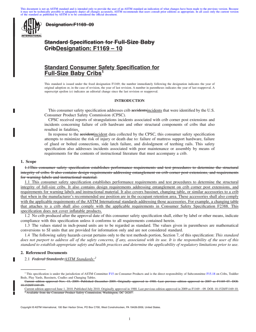 REDLINE ASTM F1169-10 - Standard Consumer Safety Specification for Full-Size Baby Cribs