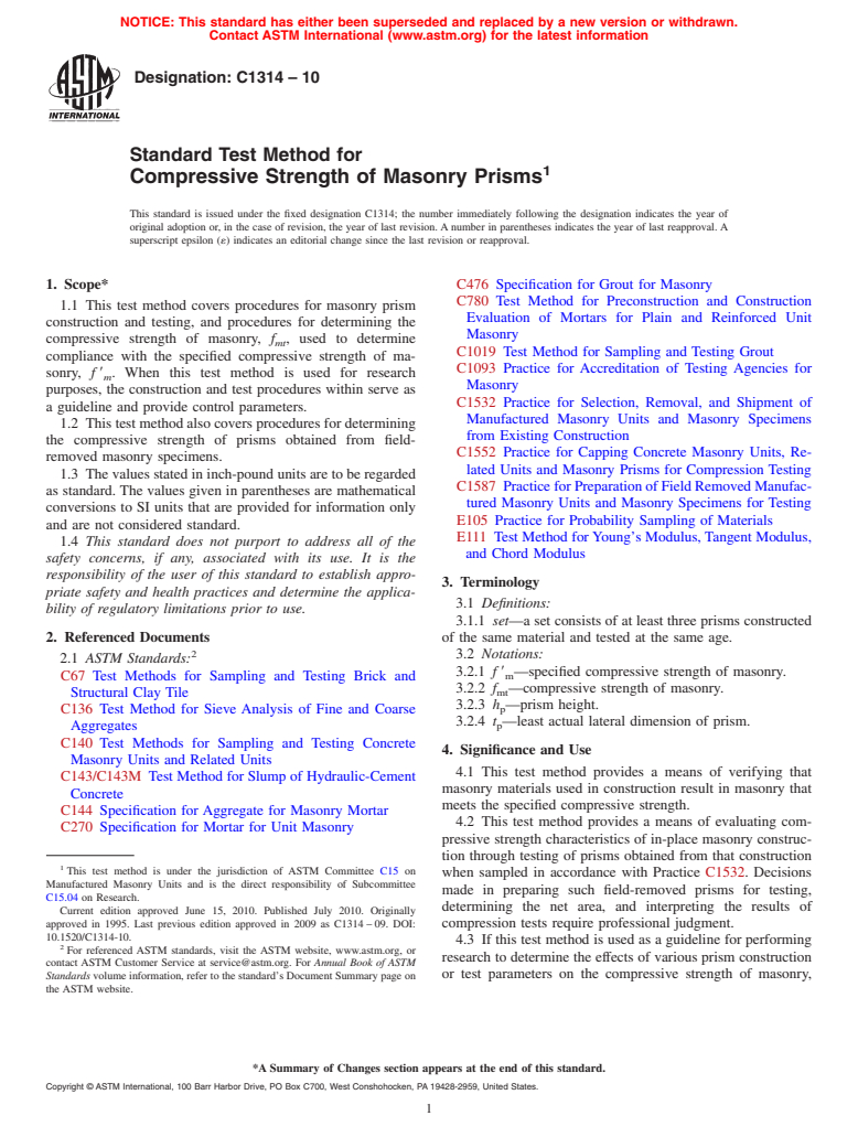 ASTM C1314-10 - Standard Test Method for Compressive Strength of Masonry Prisms