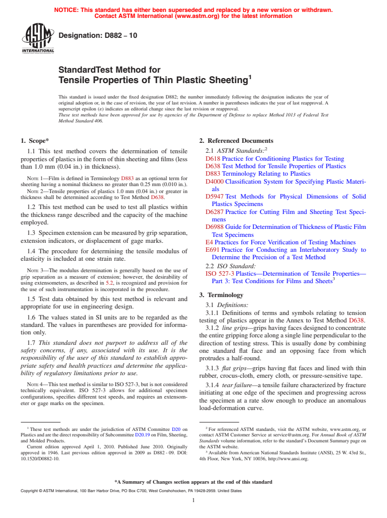 ASTM D882-10 - Standard Test Method for Tensile Properties of Thin Plastic Sheeting