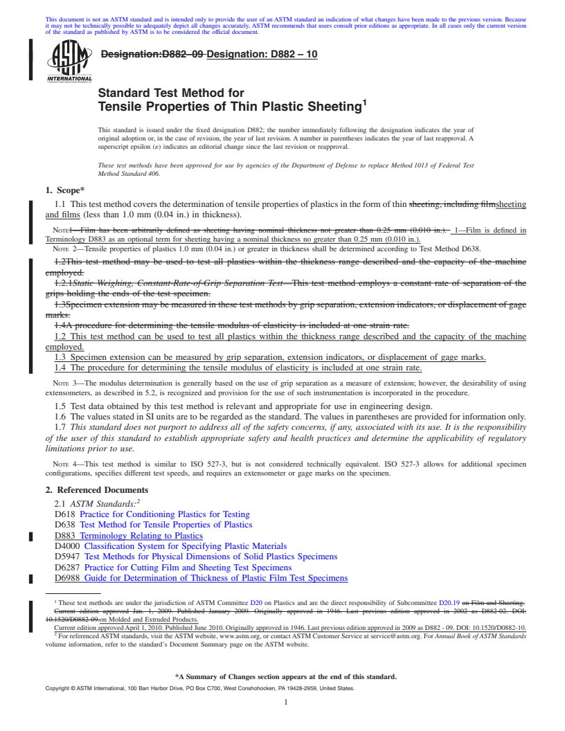 REDLINE ASTM D882-10 - Standard Test Method for Tensile Properties of Thin Plastic Sheeting