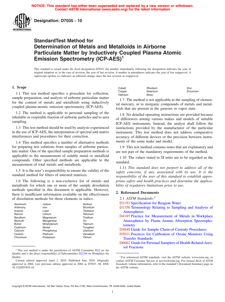 ASTM D7035-10 - Standard Test Method for Determination of Metals and Metalloids in Airborne Particulate Matter by Inductively Coupled Plasma Atomic Emission Spectrometry (ICP-AES)