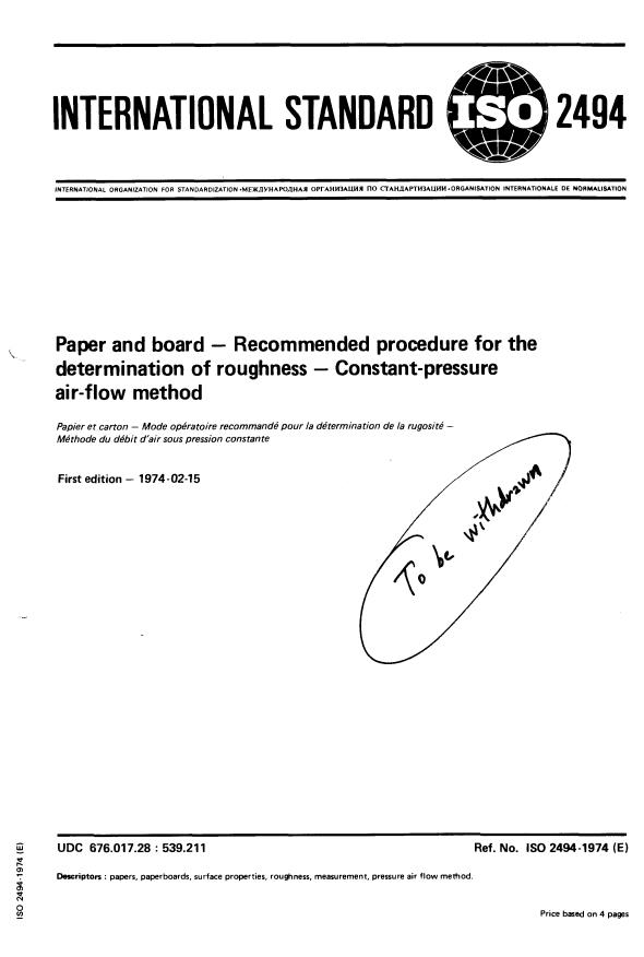 ISO 2494:1974 - Paper and board -- Recommended procedure for the determination of roughness -- Constant-pressure air-flow method