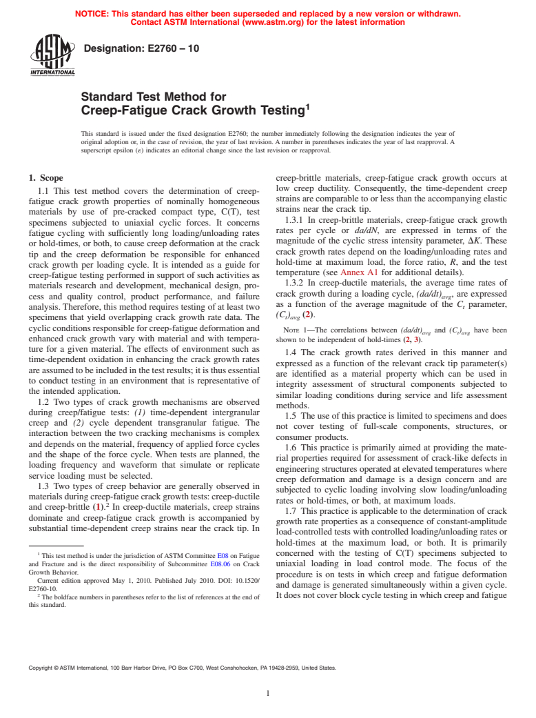ASTM E2760-10 - Standard Test Method for Creep-Fatigue Crack Growth Testing
