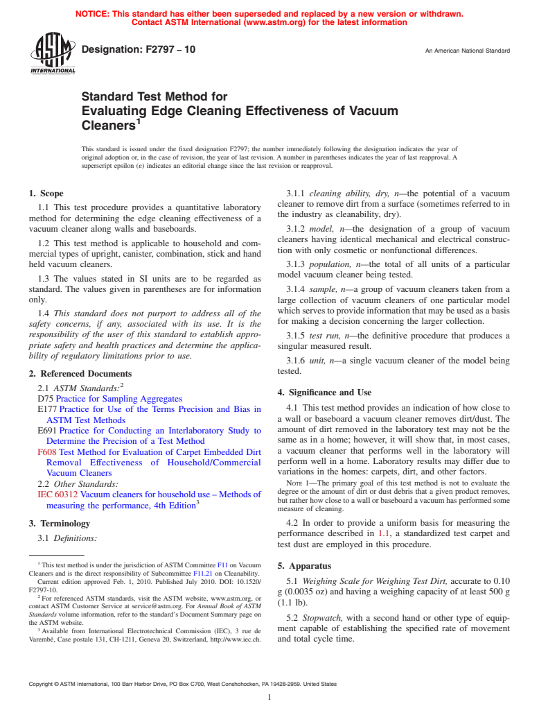 ASTM F2797-10 - Standard Test Method for Evaluating Edge Cleaning Effectiveness of Vacuum Cleaners (Withdrawn 2019)