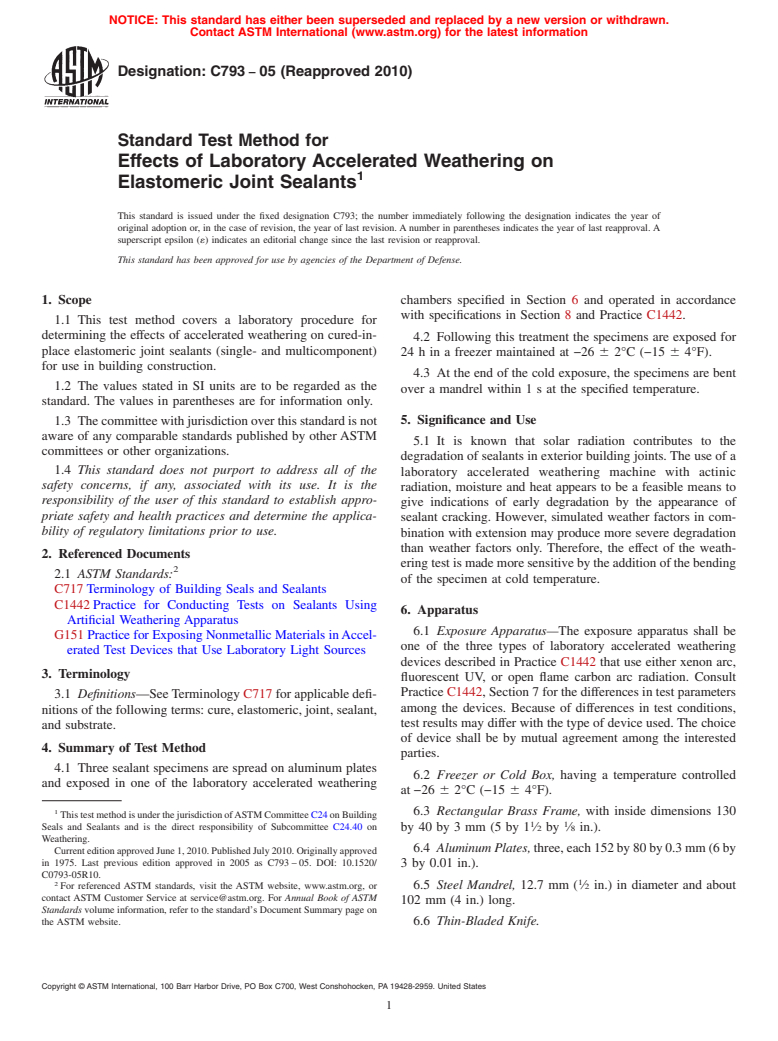 ASTM C793-05(2010) - Standard Test Method for Effects of Laboratory Accelerated Weathering on Elastomeric Joint Sealants