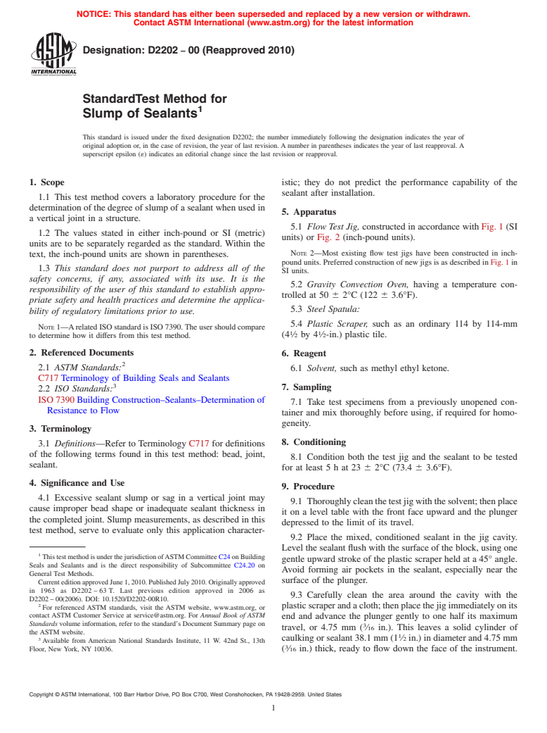 ASTM D2202-00(2010) - Standard Test Method for Slump of Sealants