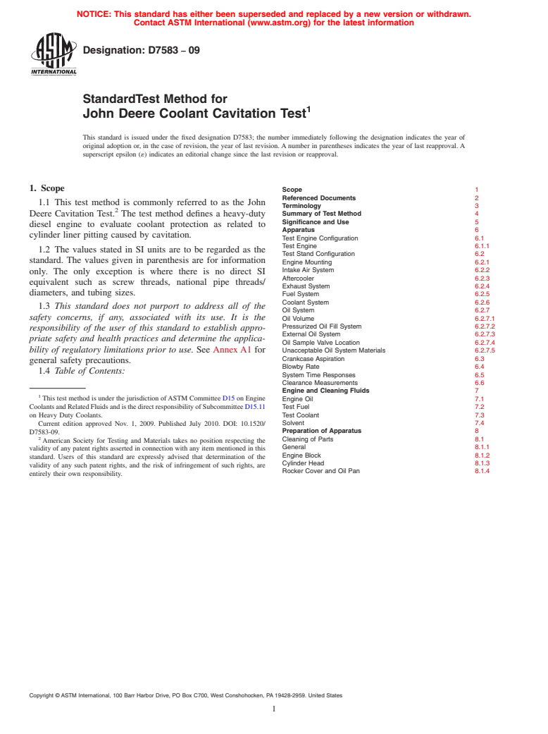 ASTM D7583-09 - Standard Test Method for John Deere Coolant Cavitation Test