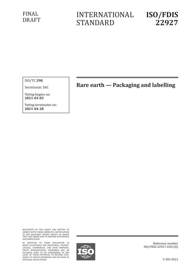 ISO/FDIS 22927:Version 06-mar-2021 - Rare earth -- Packaging and labelling