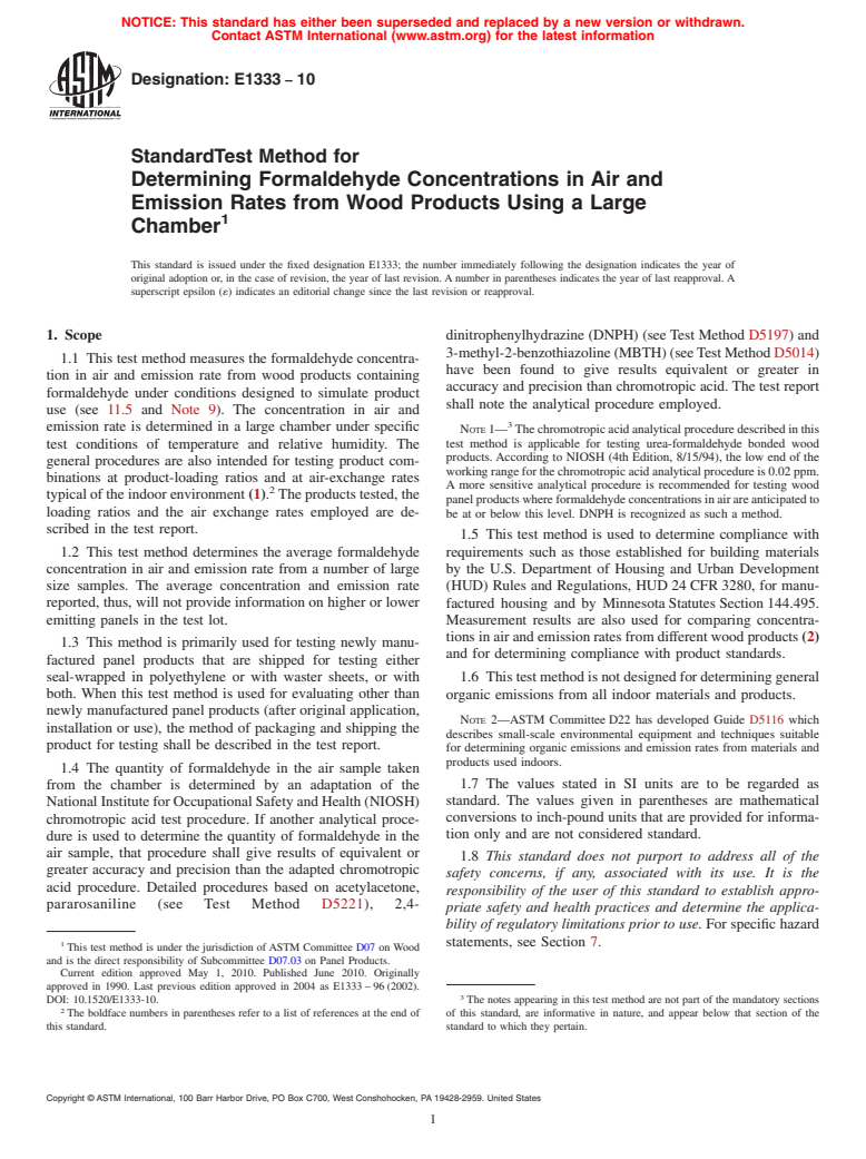 ASTM E1333-10 - Standard Test Method for Determining Formaldehyde Concentrations in Air and Emission Rates from Wood Products Using a Large Chamber