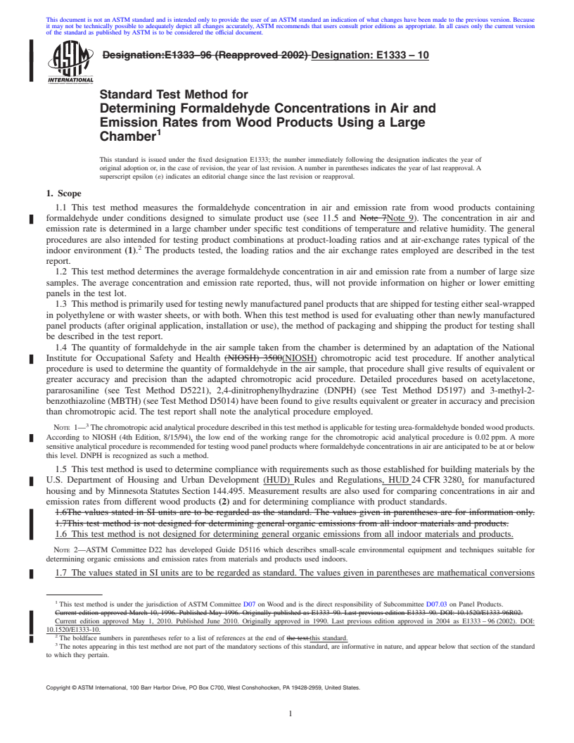 REDLINE ASTM E1333-10 - Standard Test Method for Determining Formaldehyde Concentrations in Air and Emission Rates from Wood Products Using a Large Chamber