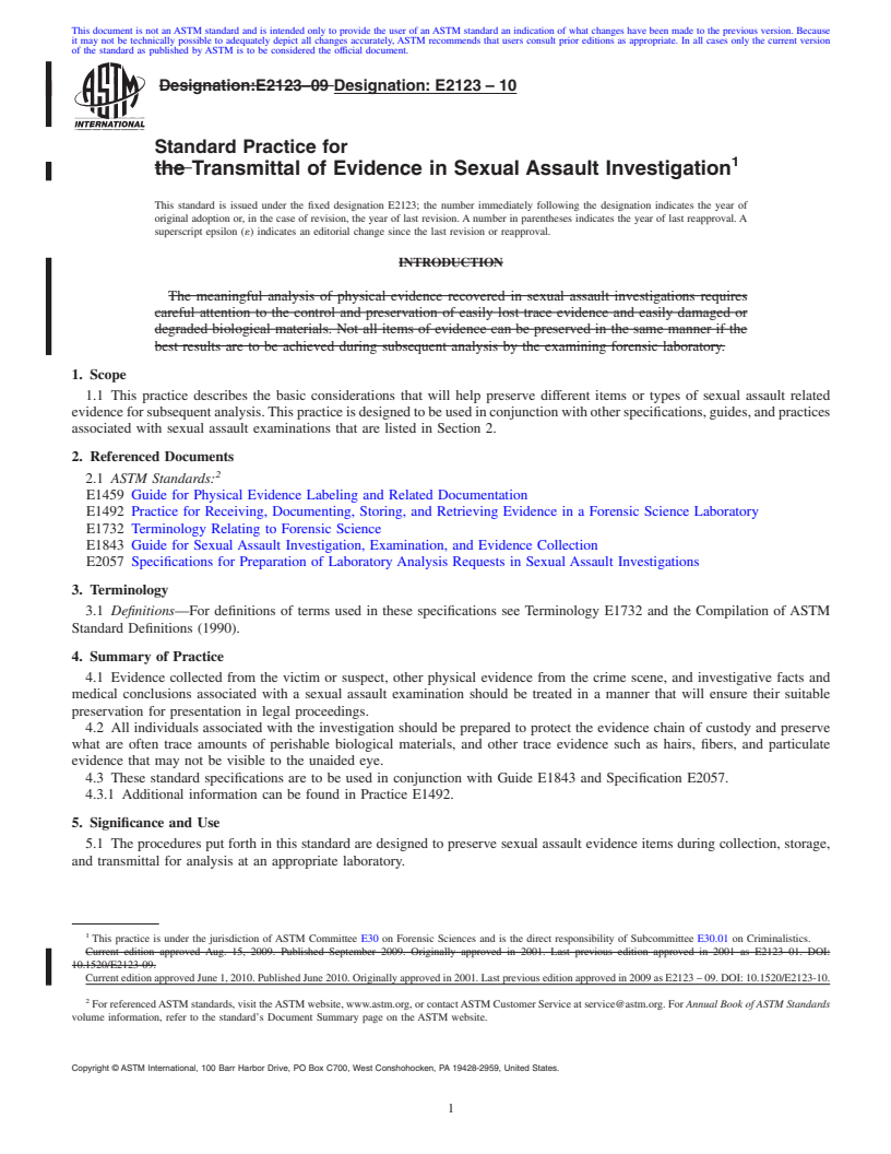 REDLINE ASTM E2123-10 - Standard Practice for the Transmittal of Evidence in Sexual Assault Investigation