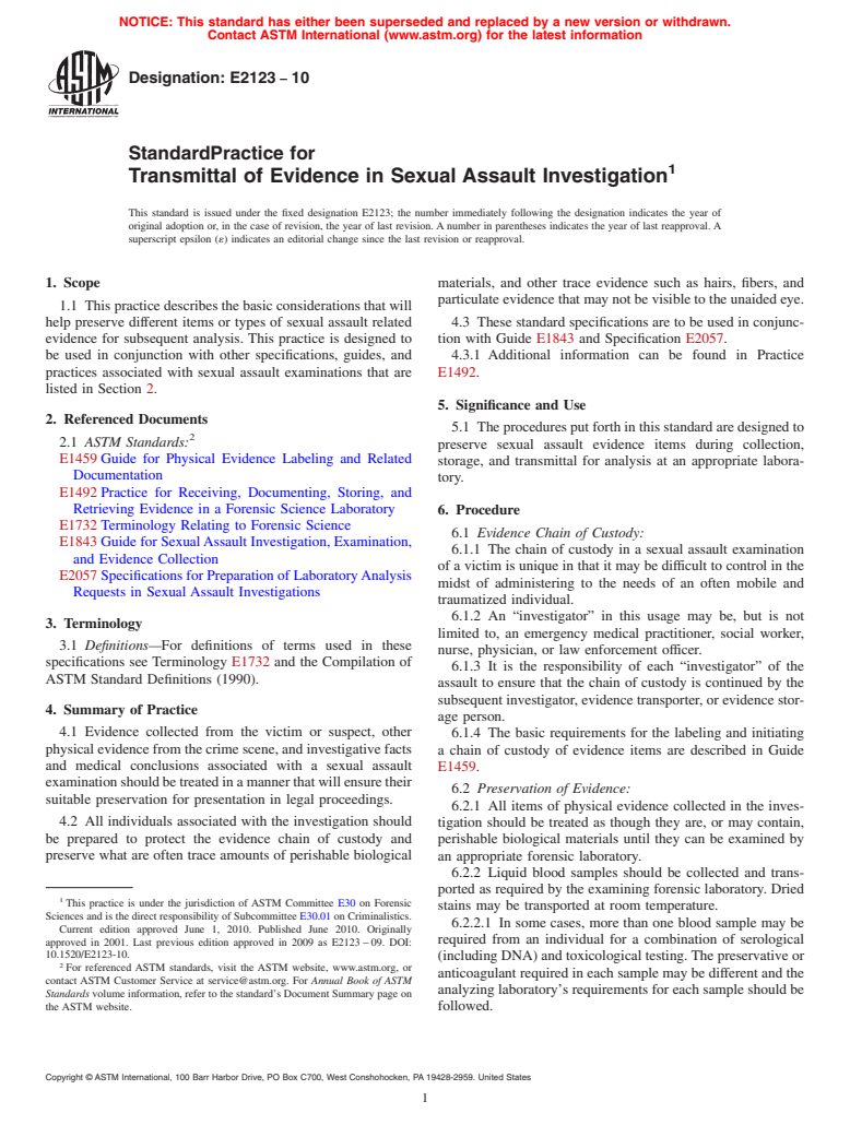 ASTM E2123-10 - Standard Practice for the Transmittal of Evidence in Sexual Assault Investigation