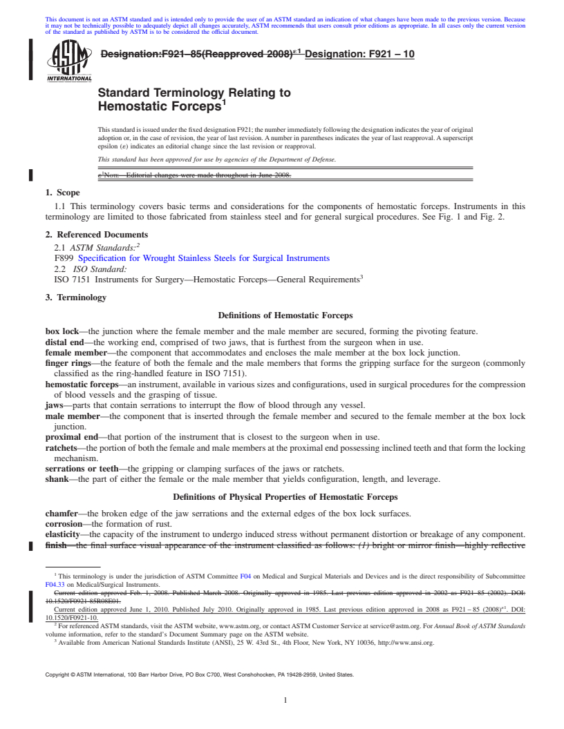 REDLINE ASTM F921-10 - Standard Terminology Relating to Hemostatic Forceps
