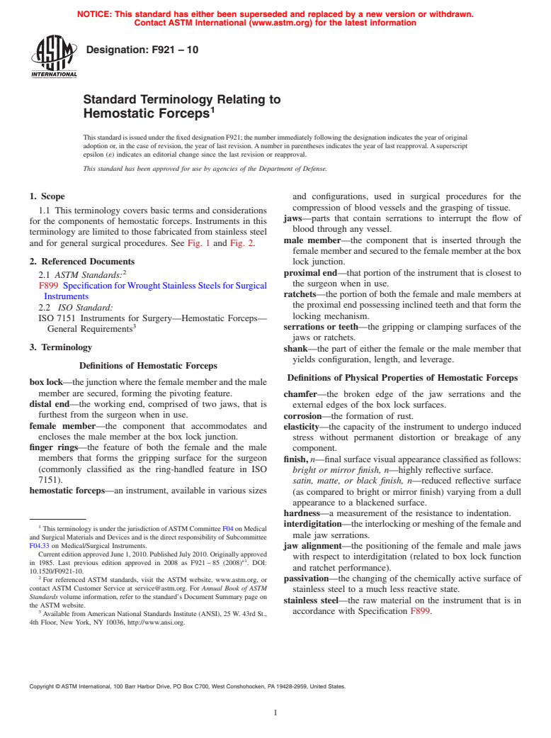 ASTM F921-10 - Standard Terminology Relating to Hemostatic Forceps