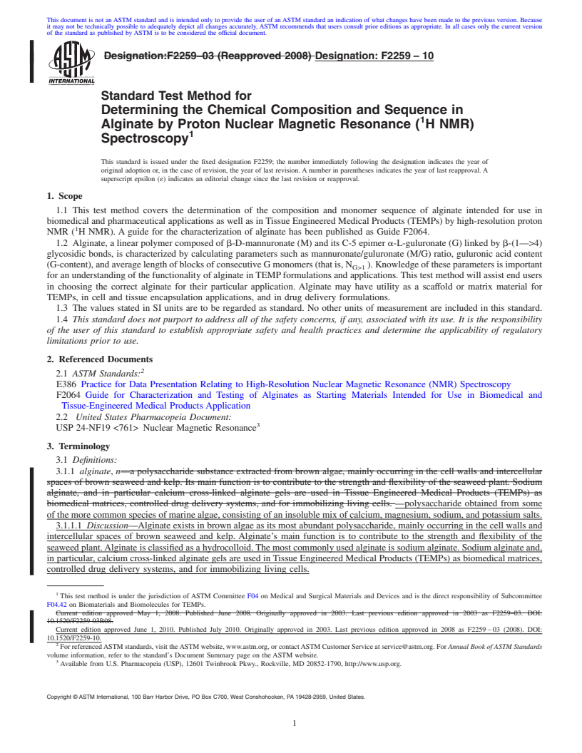 REDLINE ASTM F2259-10 - Standard Test Method for Determining the Chemical Composition and Sequence in Alginate by Proton Nuclear Magnetic Resonance (<sup>1</sup>H NMR) Spectroscopy