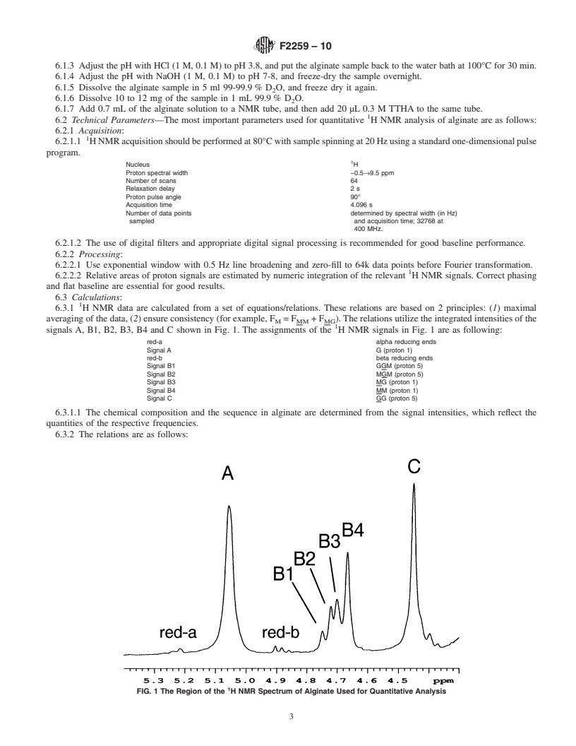 REDLINE ASTM F2259-10 - Standard Test Method for Determining the Chemical Composition and Sequence in Alginate by Proton Nuclear Magnetic Resonance (<sup>1</sup>H NMR) Spectroscopy