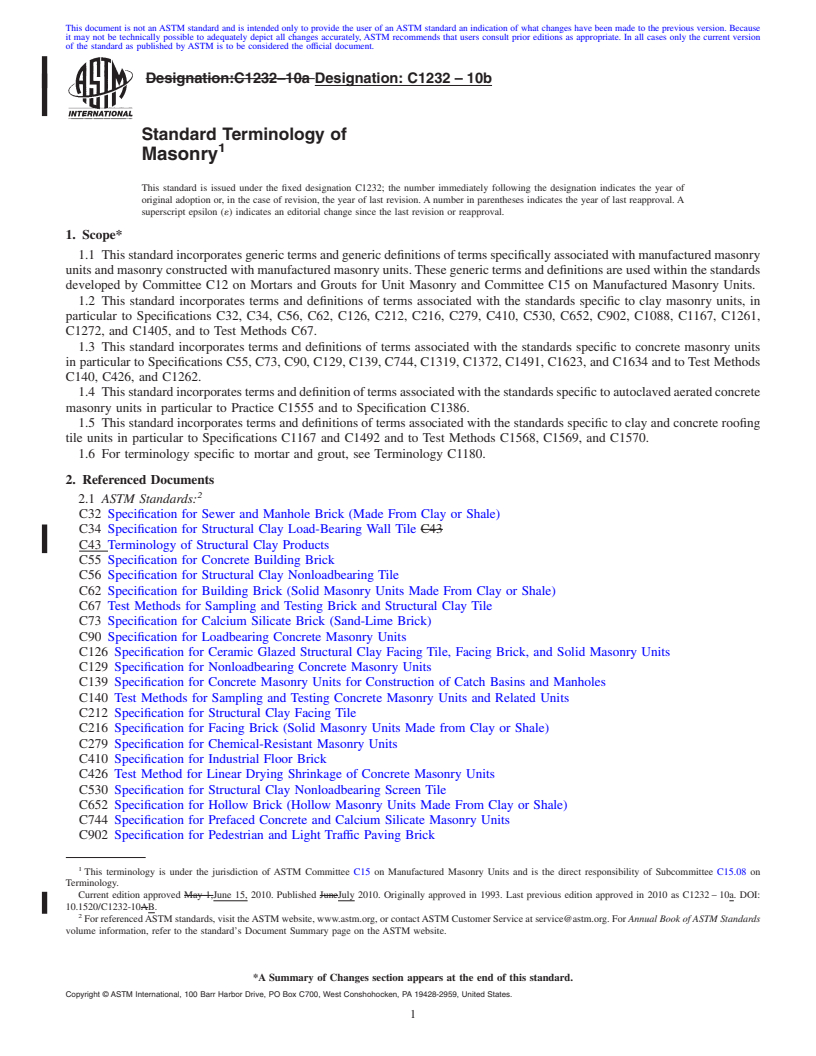 REDLINE ASTM C1232-10b - Standard Terminology of Masonry