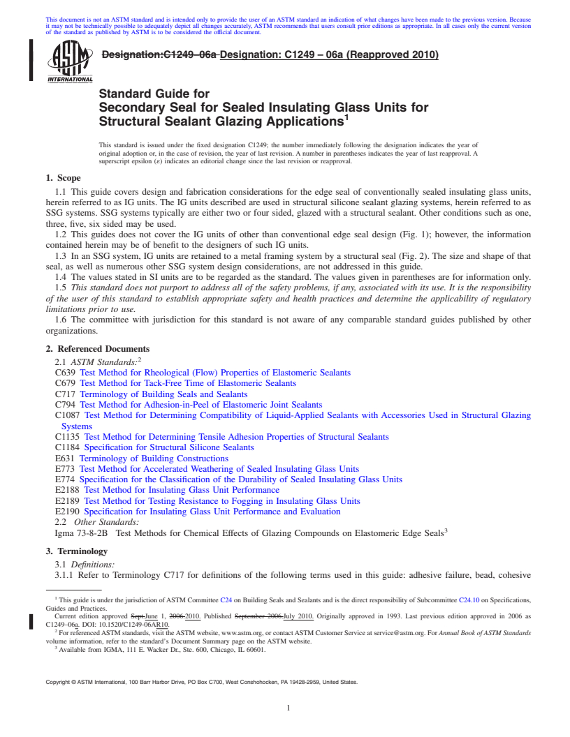 REDLINE ASTM C1249-06a(2010) - Standard Guide for Secondary Seal for Sealed Insulating Glass Units for Structural Sealant Glazing Applications