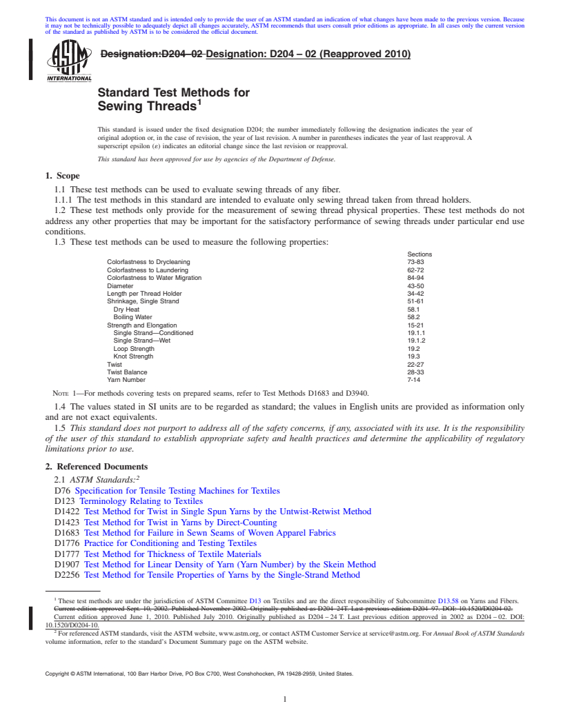 REDLINE ASTM D204-02(2010) - Standard Test Methods for Sewing Threads