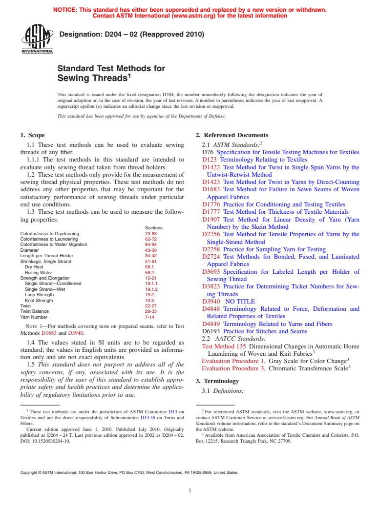 ASTM D204-02(2010) - Standard Test Methods for Sewing Threads