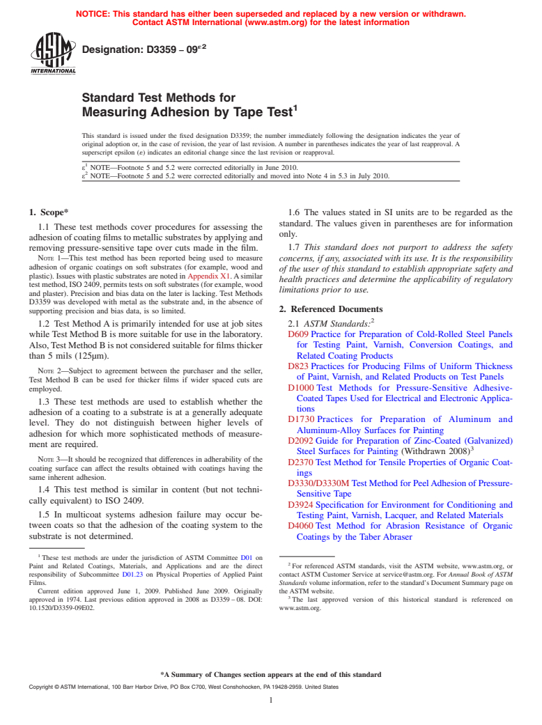 ASTM D3359-09e2 - Standard Test Methods for  Measuring Adhesion by Tape Test