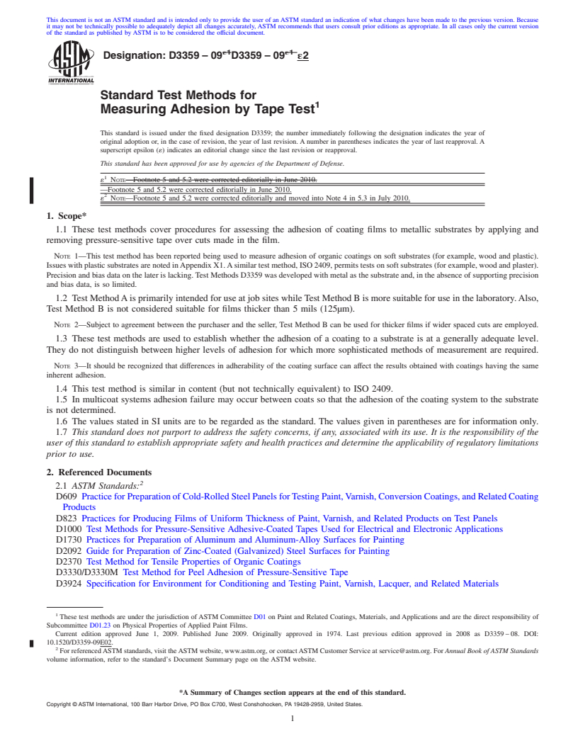 REDLINE ASTM D3359-09e2 - Standard Test Methods for  Measuring Adhesion by Tape Test