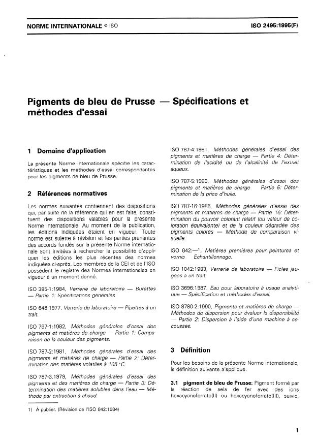 ISO 2495:1995 - Pigments de bleu de Prusse -- Spécifications et méthodes d'essai