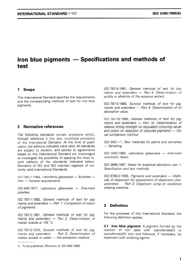 ISO 2495:1995 - Iron blue pigments -- Specifications and methods of test