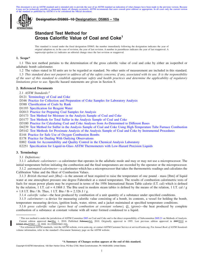 REDLINE ASTM D5865-10a - Standard Test Method for  Gross Calorific Value of Coal and Coke