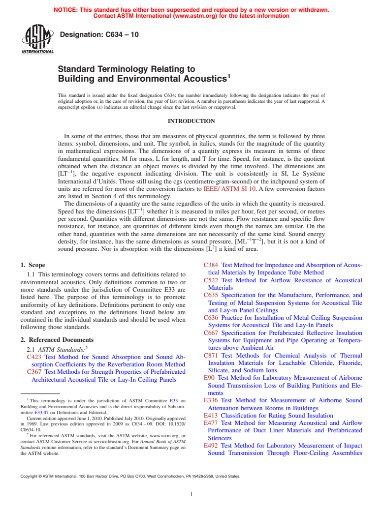 ASTM C634-10 - Standard Terminology Relating to  Building and Environmental Acoustics
