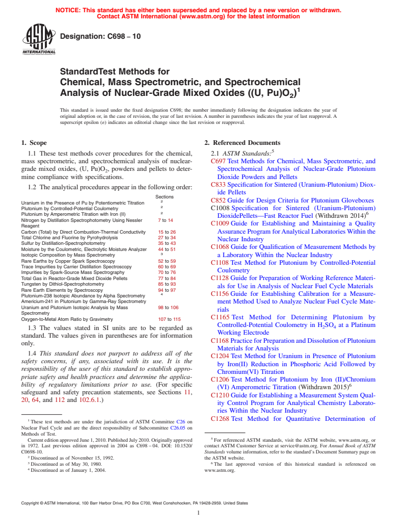 ASTM C698-10 - Standard Test Methods for  Chemical, Mass Spectrometric, and Spectrochemical Analysis of Nuclear-Grade Mixed Oxides ((U, Pu)O<sub>2</sub>)