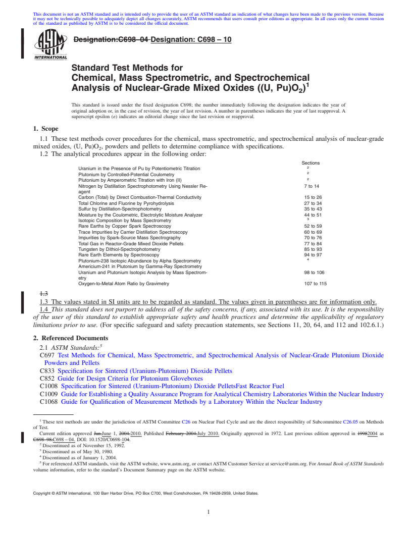 REDLINE ASTM C698-10 - Standard Test Methods for  Chemical, Mass Spectrometric, and Spectrochemical Analysis of Nuclear-Grade Mixed Oxides ((U, Pu)O<sub>2</sub>)