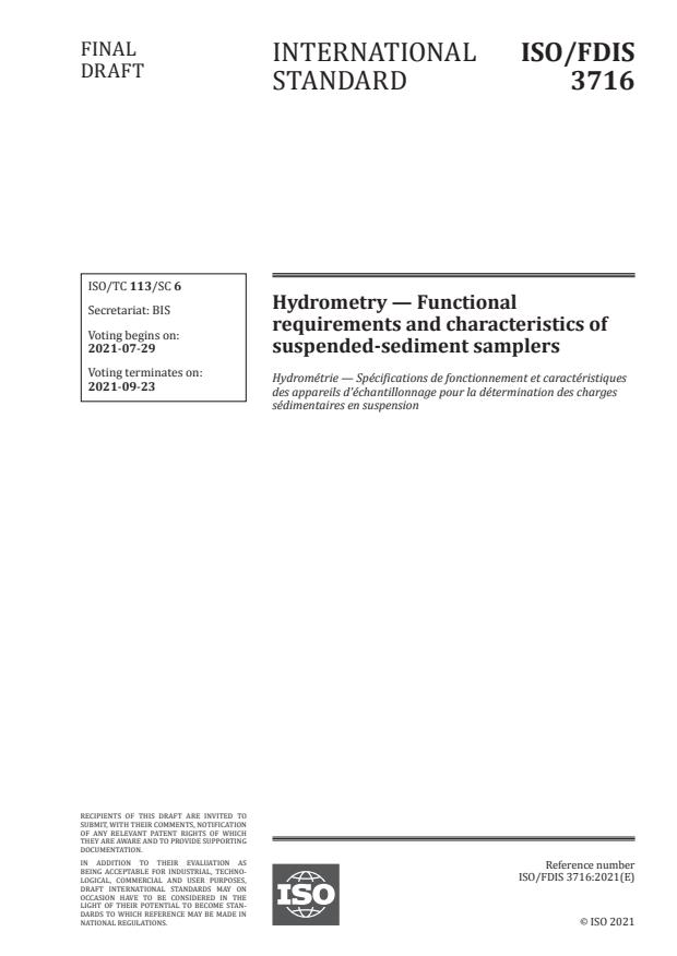 ISO/FDIS 3716:Version 24-jul-2021 - Hydrometry -- Functional requirements and characteristics of suspended-sediment samplers