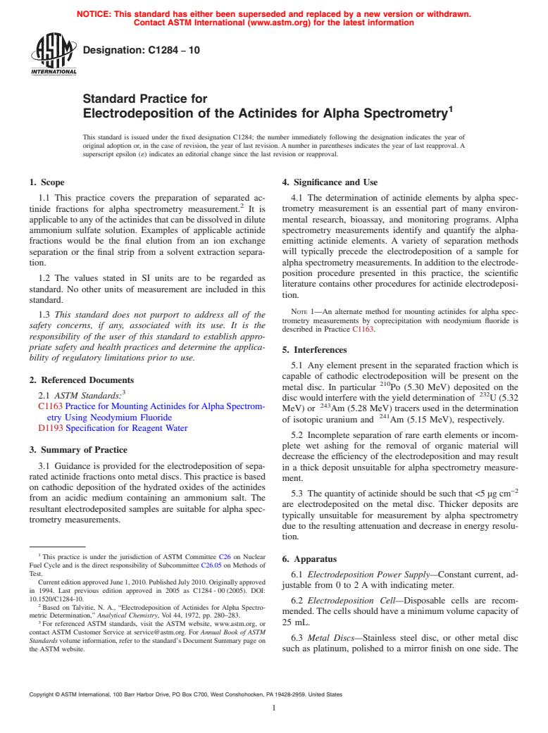 ASTM C1284-10 - Standard Practice for Electrodeposition of the Actinides for Alpha Spectrometry