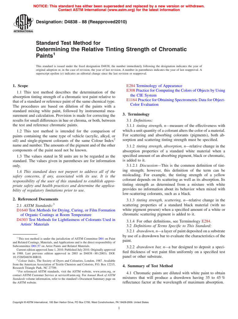 ASTM D4838-88(2010) - Standard Test Method for Determining the Relative Tinting Strength of Chromatic Paints