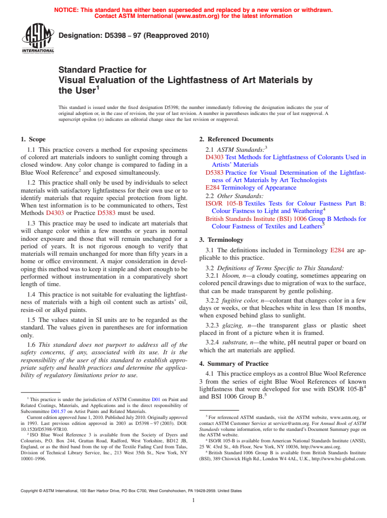 ASTM D5398-97(2010) - Standard Practice for Visual Evaluation of the Lightfastness of Art Materials by the User (Withdrawn 2019)