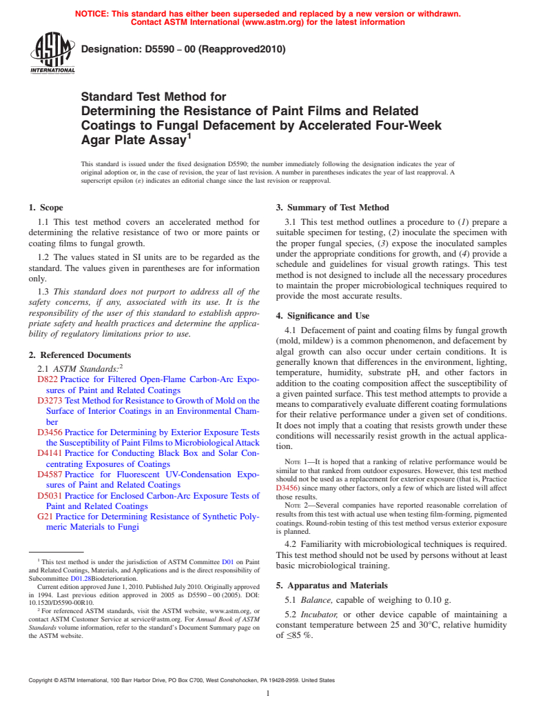 ASTM D5590-00(2010) - Standard Test Method for Determining the Resistance of Paint Films and Related Coatings to Fungal Defacement by Accelerated Four-Week Agar Plate Assay