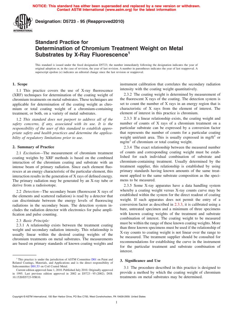 ASTM D5723-95(2010) - Standard Practice for Determination of Chromium Treatment Weight on Metal Substrates by X-Ray Fluorescence