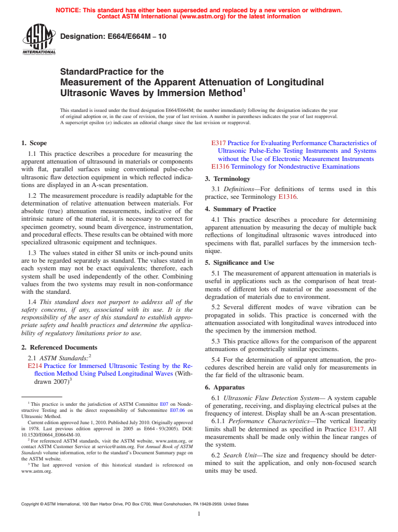 ASTM E664/E664M-10 - Standard Practice for the Measurement of the Apparent Attenuation of Longitudinal Ultrasonic Waves by Immersion Method