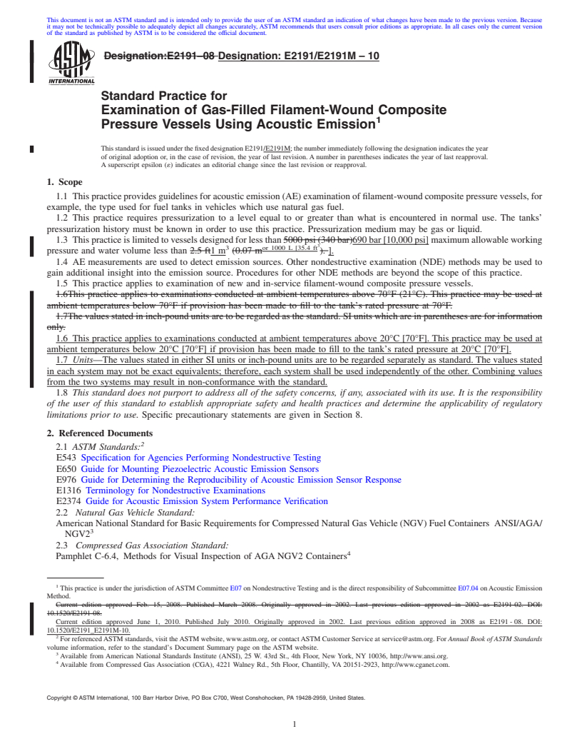 REDLINE ASTM E2191/E2191M-10 - Standard Practice for Examination of Gas-Filled Filament-Wound Composite Pressure Vessels Using Acoustic Emission