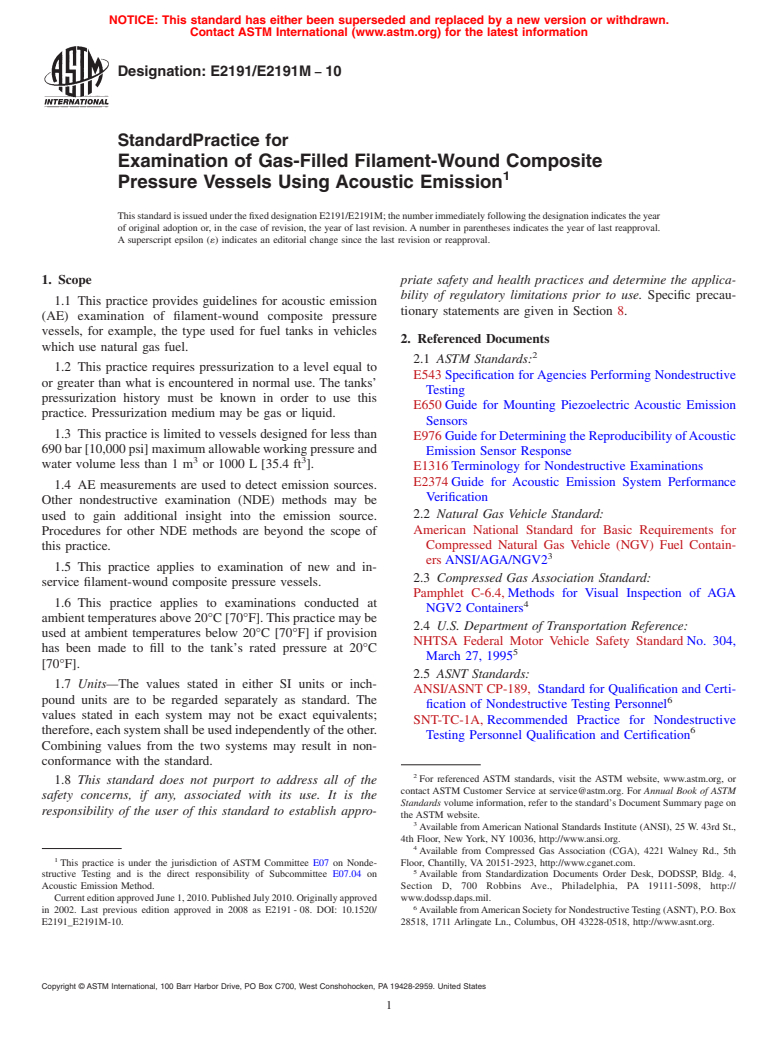 ASTM E2191/E2191M-10 - Standard Practice for Examination of Gas-Filled Filament-Wound Composite Pressure Vessels Using Acoustic Emission