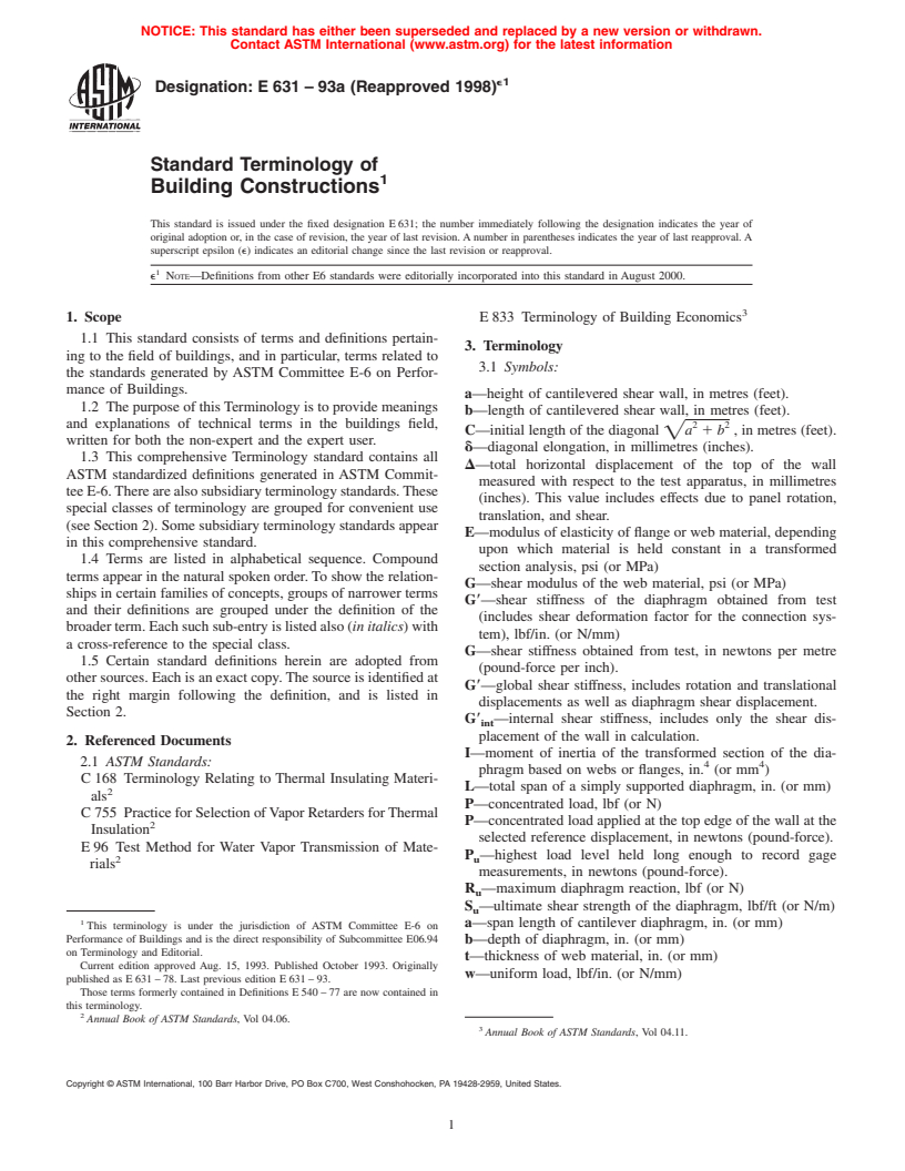 ASTM E631-93a(1998)e1 - Standard Terminology of Building Constructions