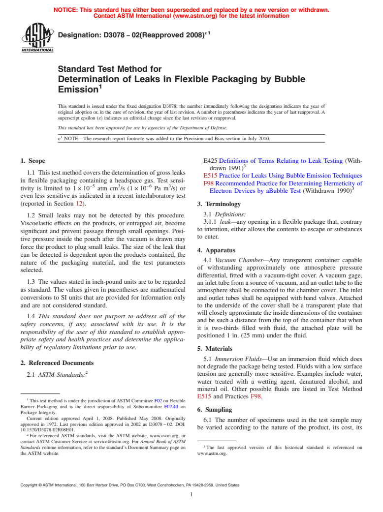 ASTM D3078-02(2008)e1 - Standard Test Method for Determination of Leaks in Flexible Packaging by Bubble Emission